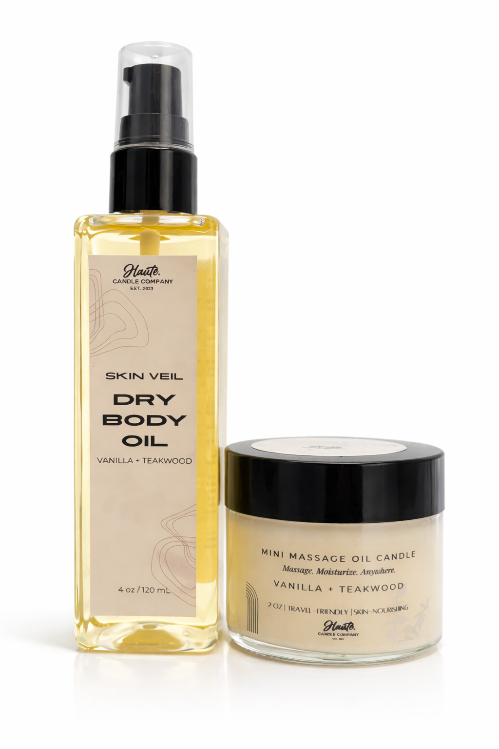 Soft Skin Set – Mini Massage Oil Candle + Dry Body Oil – Haute